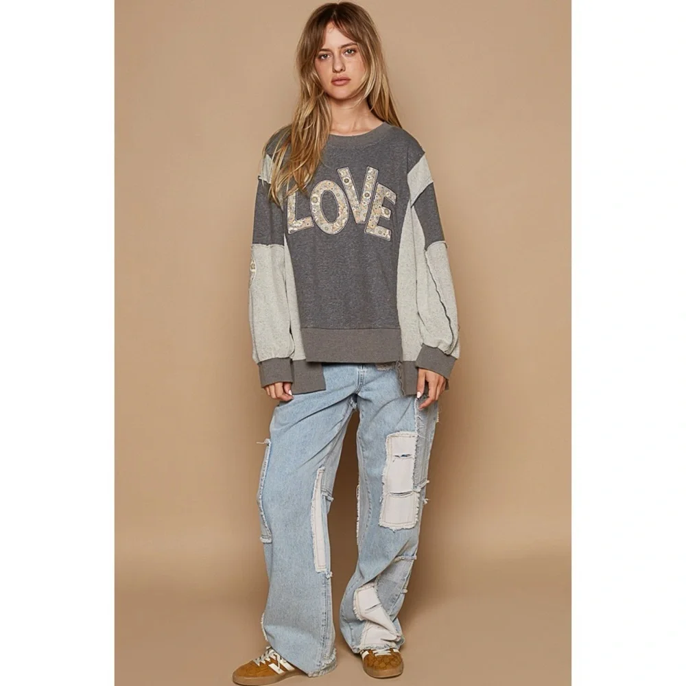 POL Charcoal Grey Graphic Sweatshirt | French Terry Color Block LOVE Pullover - Picture 5 of 6